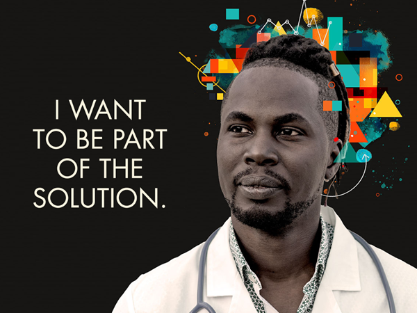 A healthcare professional portrait with wording next to them reading: I WANT TO BE PART OF THE SOLUTION.