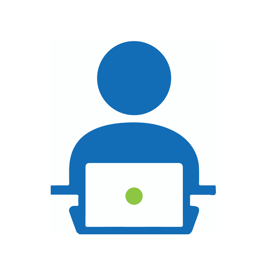 a blue simplified illustration of a person working on a white laptop icon